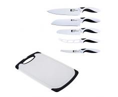 Bergner Black&White-Set de 5 Acero Inoxidable + Tabla Corte, Santoku de 17,50 Queso de 13,75 Pan de 15 Cuchillo Chef de 20 cms en Blanco y Negro