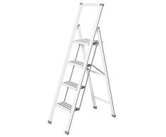 WENKO Escalera plegable en diseÃ±o de aluminio 4 peldaÃ±os, blanca - Haushaltsleiter, Aluminio recubierto, 44 x 153 x 5.5 cm, Blanco