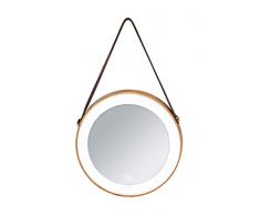 WENKO Espejo de pared redondo LED Usini de WENKO, espejo cosmÃ©tico redondo de bambÃº, espejo con luces LED regulable, correa de imitaciÃ³n de cuero marrÃ³n para colgar en pared, Ã 20,5 x 2,6 cm, marrÃ³n
