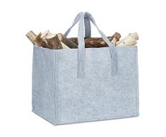 Relaxdays Bolsa para Leño con Asas Largas, Fieltro, Gris, 36.5x43x35 cm