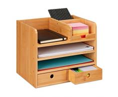 Relaxdays Organizador de Escritorio, 2 cajones, 5 Compartimentos, 26,5 x 33 x 24 cm, bambú Natural, para Oficina, 90% 10% Tablero de Fibra, Naturaleza
