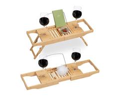 Relaxdays Bandeja Bañera, Bambú, 70-108 cm Extensible, Soporte Libros y Copa de Vino, Mesa Desayuno Cama, Natural