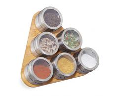 Relaxdays Estantería para Especias, Seis recipientes, Dosificadores, Magnético, Acero Inoxidable & Bambú, 1 Ud, Marrón