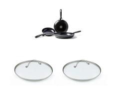 GreenPan Memphis Juego de Sartenes Antiadherentes de Aluminio, 20/24/28 cm, Negro, Aluminium + Tapa Universal de Vidrio Templado, 20 cm, Cristal + Tapa Universal de Vidrio Templado, 24 cm, Glass