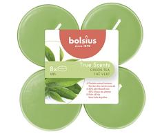 Bolsius 8 Tealights Maxi in Cup Transparente, 8 h, Color Verde, Fragancia TÃ© Verde True Scents