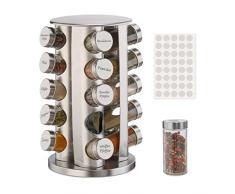 Relaxdays Especiero Giratorio con 20 Botes, 40 Etiquetas, Rotativo a 360º,Tarros Rellenables, Acero Inoxidable, Plateado, 70% 30% Cristal, 33,5 x 19,5 cm