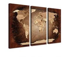LanaKK mapamundi con corcho para fijar los destinos - Lámina sobre bastidor camilla en marrón, enmarcado en tres partes, 150 x 100 cm, español