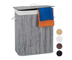 Relaxdays Cesto Ropa Sucia con Tapa y 2 Compartimentos, Cubo Colada Plegable, Canasta, Bambú, 95 L, Gris