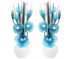 A juego Par de azul flores artificiales, vidrio, Dark Teal in White Vase, 11.5 x 11 x 32 cm