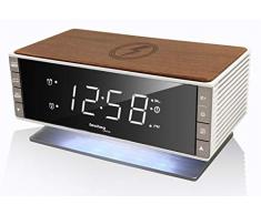 Technoline mit Ladefläche in Holz-Retro-Optik Radio Despertador Moderno WT487, Dispositivos móviles compatibles con Qi inalámbrica, función de Carga inductiva, Brown-Blanco-Plata, 16,5 x 8,0 x 9,3 cm