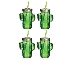 Kitchencraft Barcraft – Tropical Chic Diseño de Cristal tarros para Beber con pajitas, 400 ML-Cactus Diseño (Set de 4), Verde, 6,5 x 10,5 x 20 cm