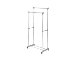 Colgador de ropa doble con ruedas y estante inferior, Fabricado en acero lacado con epoxi, RAN5373, gris y plata, 78,5 x 43 x 150/165 cm