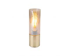 LÃ¡mpara de mesa de cristal, lÃ¡mpara cilÃ­ndrica, cable textil, latÃ³n mate, tÃ¡ctil apagada.