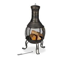 Relaxdays Chimenea Exterior, Acero y Hierro Fundido, 88x36 cm, Brasero JardÃn, Salvachispas y Atizador, Negro y Dorado, 70% 30%