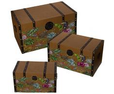 DRW Set de 3 baules de Madera DM Ratan Decorados con Flores y Multiples Colores 38x35x65 cm