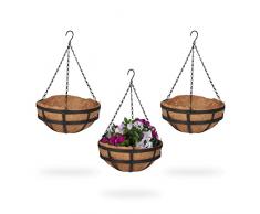 Relaxdays 3 Macetas Colgantes, Cestas de Coco, 50 x 31 cm, Plantas Suspendidas, Interior y Exterior, Metal, MarrÃ³n/Negro, 80% Hierro 20%