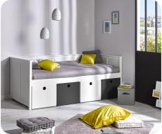 Sofa cama Swam Blanco con 4 cajas de almacenaje Blancas y Gris