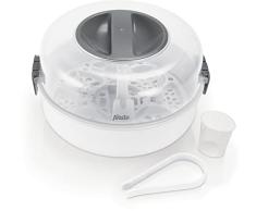Alecto BW-04 - Esterilizador para microondas para hasta 4 biberones de 150 ml, extractores de leche, ollas, vasos y cubiertos, incluye pinzas para botellas, color blanco