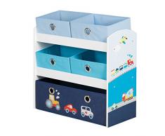 Estanteria organizador roba Piloto, Juguetero estanteria para habitación de niños, incluye 5 cajas de loneta, decorado con motivos automovilisticos en azul