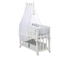 Cuna de colecho roba 4 en 1, con vestiduras Happy fields, utilizable como cuna de colecho, cuna balancin, cuna normal y banco para niños, fabricada en madera lacada en blanco y con vestiduras completas, y ropa de cuna de (80x80cm)