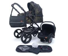 Silla de paseo Pixini Kalani 3 en 1, Trío, Niño, Silla de coche, Accesorios (Oxford con línea de oro impresa)