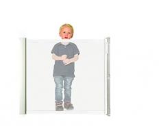 Lascal KiddyGuard - Barrera frontal de seguridad discreta para escaleras - Barrera de puerta enrollable de lona con carcasa de aluminio - Panel extensible hasta 120 cm - Color blanco