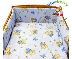 BlueberryShop juego de ropa de cama de algodón | funda de edredón 90 x 120 cm | fundas de almohadas 40 x 60 cm | protector de la camita 35 x 150 cm | Para niños de 0-3 años | Azul Oso