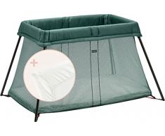BabyBjörn Cuna de Viaje Light con Sábana Ajustable, Verde oscuro/Algodón, Blanco