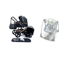Silla de paseo Pixini Kalani 3 en 1, Trío, Niño, Silla de coche, Accesorios (oro/negro) & Ingenuity, columpio portátil Swing n Go: abrazos y gritos,5 velocidades de swing, 6 melodías relajantes gris