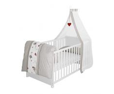 Juego de cuna completa roba, diseñoAdam & the Owl, cuna lacada en blanco, incluye funda de nordico, protector de cuna, dosel y colchón, cuna de 70x140cm transformable en cama infantil.