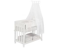 Cuna de colecho roba 4 en 1, con vestiduras 'Fox & Bunny', utilizable como cuna de colecho, cuna balancin, cuna normal y banco para niños, fabricada en madera lacada en blanco y con vestiduras completas, y ropa de cuna de (80x80cm)