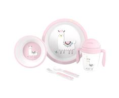 Interbaby Juego vajilla Llama para bebé de 5 piezas, blanco y rosa