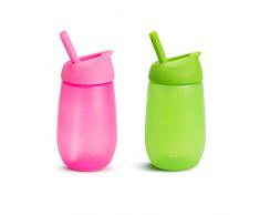 Munchkin Vaso con Pajita, Set de Vasos para Niños Pequeños y Bebés, Vaso Antiderrame de Silicona Libre de BPA, Vaso Infantil Fácil de Limpiar, Apto para Lavavajillas, Lote de 2 x 296 ml, Verde/Rosa
