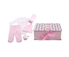 Minene Lujo - Caja de regalo, incluye body con aplique, pantalón, gorrito, arrullo de algodón dulce y corazoncito de tela, color rosa