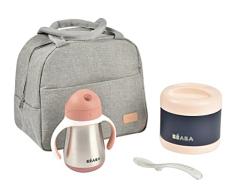 BÉABA, Set de Comida Isotérmica para Bebés y Accesorios, Fiambrera, Termoporciones de Acero Inoxidable 500ml y Vaso con Pajita de Acero Inoxidable 250ml, Cuchara de silicona 2ª edad, Rosa Viejo