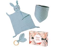 Regalo de bebé para nacimiento, juego de tela de muselina de alta calidad: 100% algodón, babero y mordedor, juego de regalo para bebé para niños y niñas