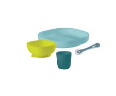 Béaba 913428 - Set vajilla de silicona con ventosa, 4 piezas, Azul