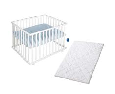 roba Parque Infantil 75 x 100 cm + Colchón y Alfombra de Corralito roba Style Azul Claro, Altura Ajustable, Ruedas con Frenos, Madera Blanca