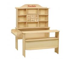Tienda en madera natural roba, tienda con seis cajones, mostador y expositor lateral