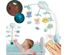 Ricokids Carrusel para cuna con proyector RK-813, mando a distancia, 4 juguetes colgantes LED, 13 melodías, temporizador 10/20/30 min, tres modos LED