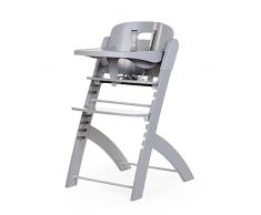 CHILDHOME, Trona Evolutiva : De 0 meses a 85KG, Tableta incluida, Madera de haya, Barra antivuelco, Arnés de seguridad de 5 puntos, Tornillos invisibles, Evosit gris