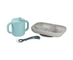 BÉABA, Set de Vajilla de Silicona para Comida de Bebé, Set de Aprendizaje, 3 piezas, Plato Compartimentado + Taza + Cuchara, Silicona Saludable y Duradera, Apto para Lavavajillas, Microondas, Azul