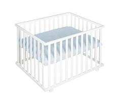 roba Parque de Bebé en Madera 75 x 100 cm + Alfombra de Corralito roba Stye Azul Claro, Base Ajustable en Altura, Ruedas con Frenos, Blanco