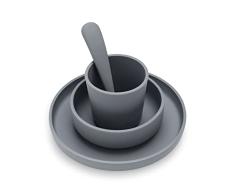Jollein Juego de vajilla de silicona para bebé (4 piezas), plato, cuenco, taza y cuchara, color gris, 705-007-65308