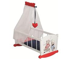 Cuna de muñecas Teddy College en DM y madera maciza lacada con pinturas no toxicas en blanco con imprimaciones térmicas Teddy College, textil incluido (1 almohada + 1 nórdico), dosel de tubo metálico con visillo decorado