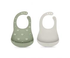 Suavinex, Pack de 2 Baberos de Silicona Impermeable y Flexible, Enrollable, con Cuello Ajustable y Bolsillo Recoge-Migas, Fácil de Limpiar, Apto Lavavajillas, 4 Meses, Verde + Gris