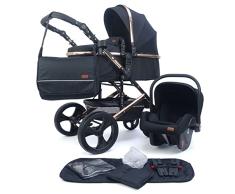 Silla de paseo Pixini Kalani 3 en 1, Trío, Niño, Silla de coche, Accesorios (oro rosa pulido/negro)