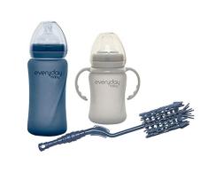 Everyday Baby Set de botellas de vidrio con cepillo, 3 meses, 1 con Sensor térmico (240 ml), 1 Vaso de vidrio Sippy Cup (150 ml), 1 Cepillo de silicona para biberón, Blueberry, 3 piezas, 30818 0318 01