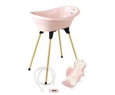 THERMOBABY - Pack de bañera de bebé VASCO 5 En 1 - Bañera, pie de madera, manguera de drenaje, tumbona de baño, termómetro - rosa en polvo - plegable y estable - Fabricado en Francia