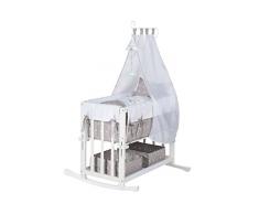 Cuna de colecho roba 4 en 1, con vestiduras Indibear, utilizable como cuna de colecho, cuna balancin, cuna normal y banco para niños, fabricada en madera lacada en blanco y con vestiduras completas, y ropa de cuna de (80x80cm)